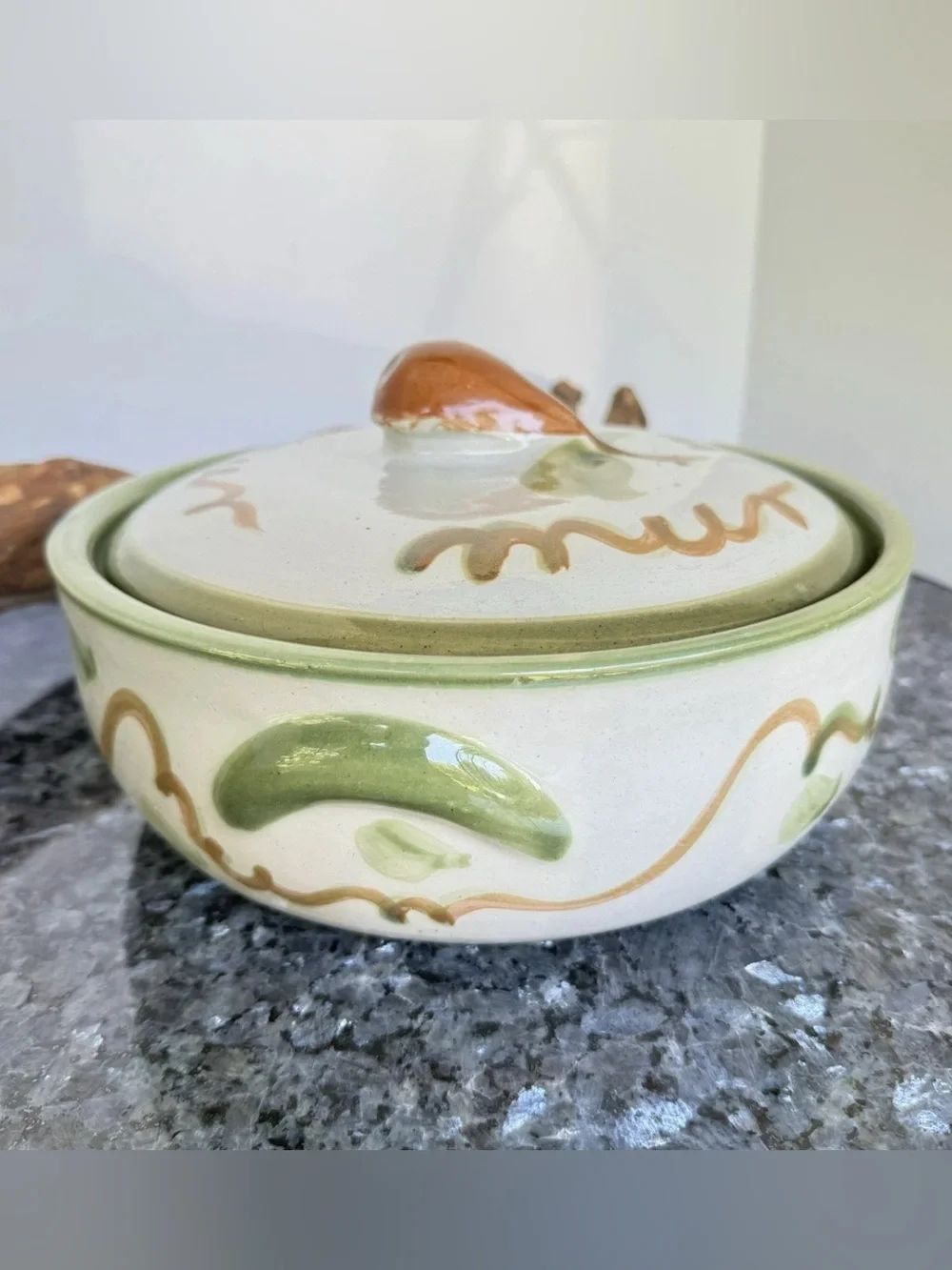 Vintage Louisville Stoneware Co. “Harvest” Pear Pattern Lidded 9” Casserole Dish